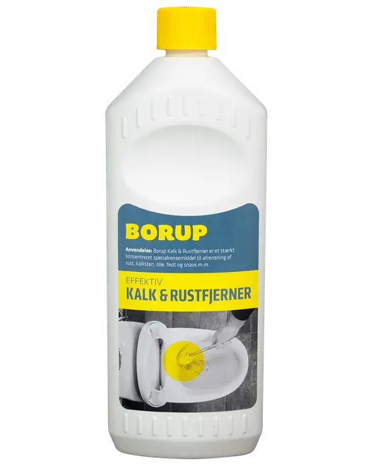 Hvid plastflaske med gult låg, mærket 'Borup Kalk & Rustfjerner'. Effektiv kalk- og rustfjerner til rengøring af toiletter, vaske og overflader. Koncentreret rengøringsmiddel.