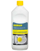 Hvid plastflaske med gult låg, mærket 'Borup Kalk & Rustfjerner'. Effektiv kalk- og rustfjerner til rengøring af toiletter, vaske og overflader. Koncentreret rengøringsmiddel.