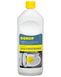 Hvid plastflaske med gult låg, mærket 'Borup Kalk & Rustfjerner'. Effektiv kalk- og rustfjerner til rengøring af toiletter, vaske og overflader. Koncentreret rengøringsmiddel.