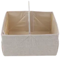 Rektangulær opbevaringsboks i beige stof med to rum, forstærkede sider og en central skillevæg. Perfekt til organisering i skabe, skuffer eller på hylder.