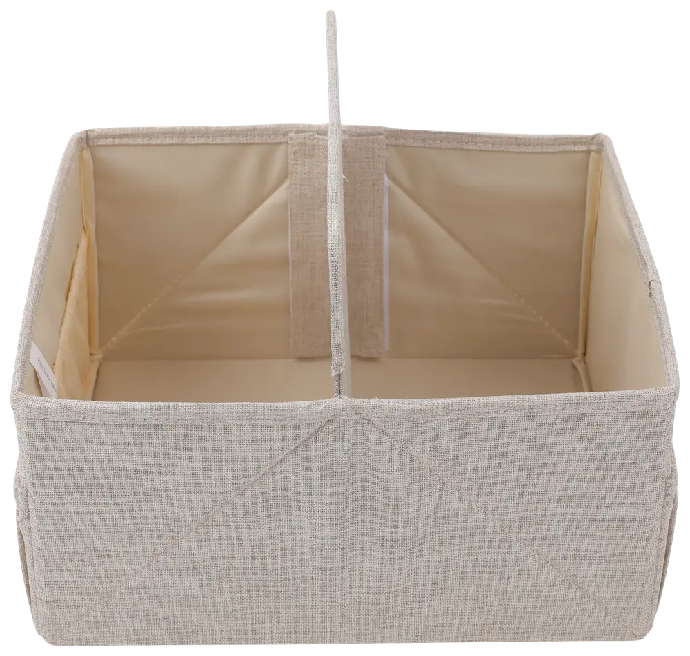 Rektangulær opbevaringsboks i beige stof med to rum, forstærkede sider og en central skillevæg. Perfekt til organisering i skabe, skuffer eller på hylder.