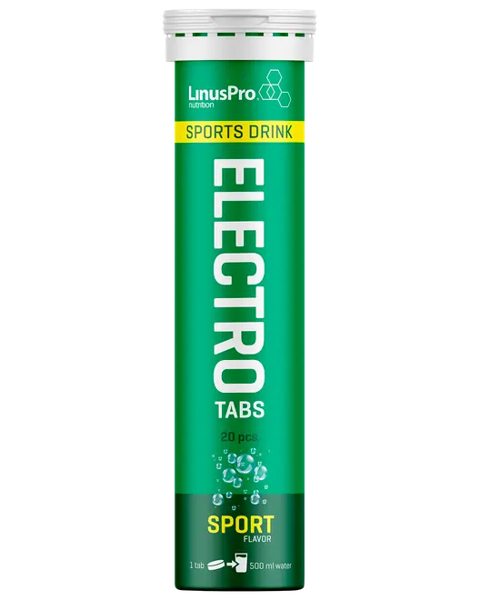 LinusPro Electro Tabs sportsdrik, 20 tabletter i grøn tube. Sportssmag, opløses i vand for hydrering og elektrolytter. Praktisk til sport og aktiv livsstil.