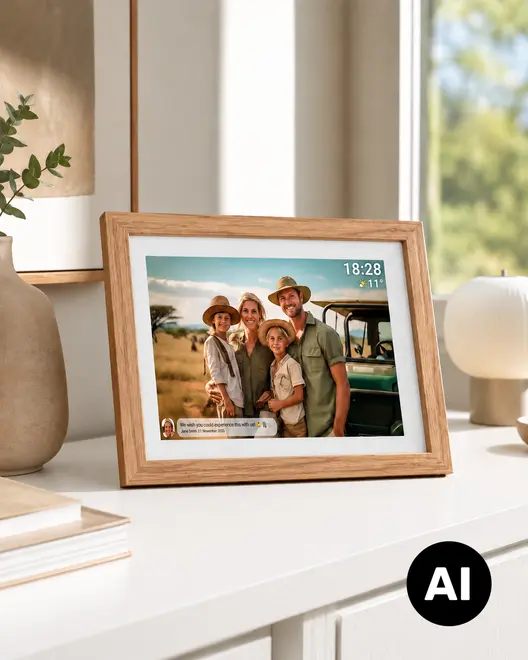 Digital fotoram i trä med familjefoto, klocka och vädervisning, placerad på ett vitt bord. - Billedet er skabt med AI