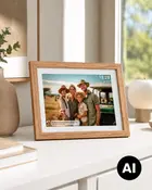 Digital fotoram i trä med familjefoto, klocka och vädervisning, placerad på ett vitt bord. - Billedet er skabt med AI