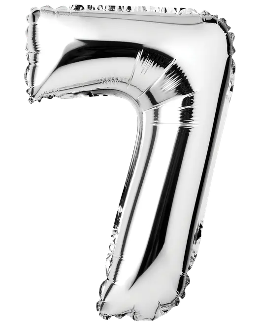 Silverfärgad folieballong formad som siffran sju med blank metallisk yta. Perfekt för födelsedagar, jubileer eller fest. Självförslutande, passar för helium eller luft.