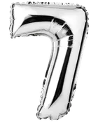 Sølvfolieballon formet som tallet syv med blank metallisk overflade. Perfekt til fødselsdage, jubilæer eller fester. Selvforseglende og egnet til helium eller luft.