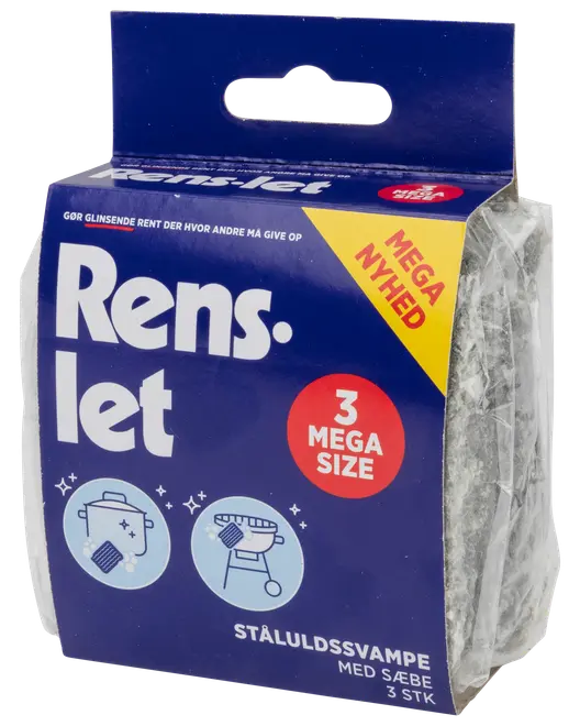 Pakke med tre store ståluldssvampe med sæbe, velegnet til rengøring af gryder og grill. Leveres i blå æske med produktillustrationer og tydelig tekst.