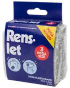 Pakke med tre store ståluldssvampe med sæbe, velegnet til rengøring af gryder og grill. Leveres i blå æske med produktillustrationer og tydelig tekst.