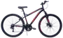 Sort og rød mountainbike med affjedret forgaffel, 21 gear, skivebremser, grove dæk og robust stel. Justerbart sæde og styr. Velegnet til terræn og bykørsel.