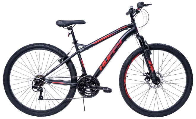 Sort og rød mountainbike med affjedret forgaffel, 21 gear, skivebremser, grove dæk og robust stel. Justerbart sæde og styr. Velegnet til terræn og bykørsel.