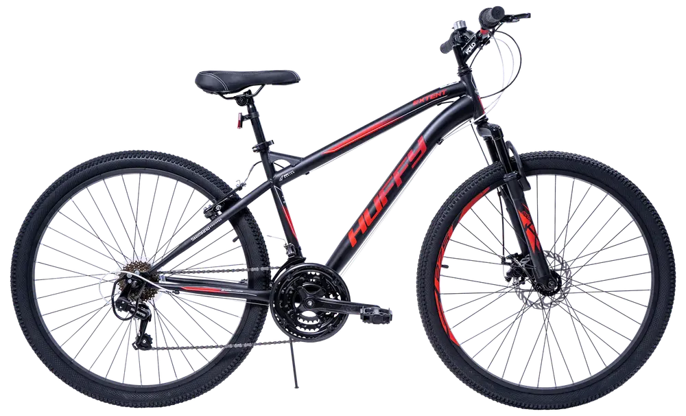 Svart och röd mountainbike med framdämpning, 21 växlar, skivbromsar, grova däck och robust ram. Justerbar sadel och styre. Passar terräng och stadscykling.