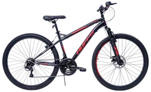 Svart och röd mountainbike med framdämpning, 21 växlar, skivbromsar, grova däck och robust ram. Justerbar sadel och styre. Passar terräng och stadscykling.