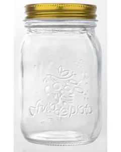 Klar glasbeholder med præget frugtmotiv og tekst, gyldent metalskruelåg. Velegnet til opbevaring, syltning eller dekoration. Glat cylindrisk form, bred åbning.