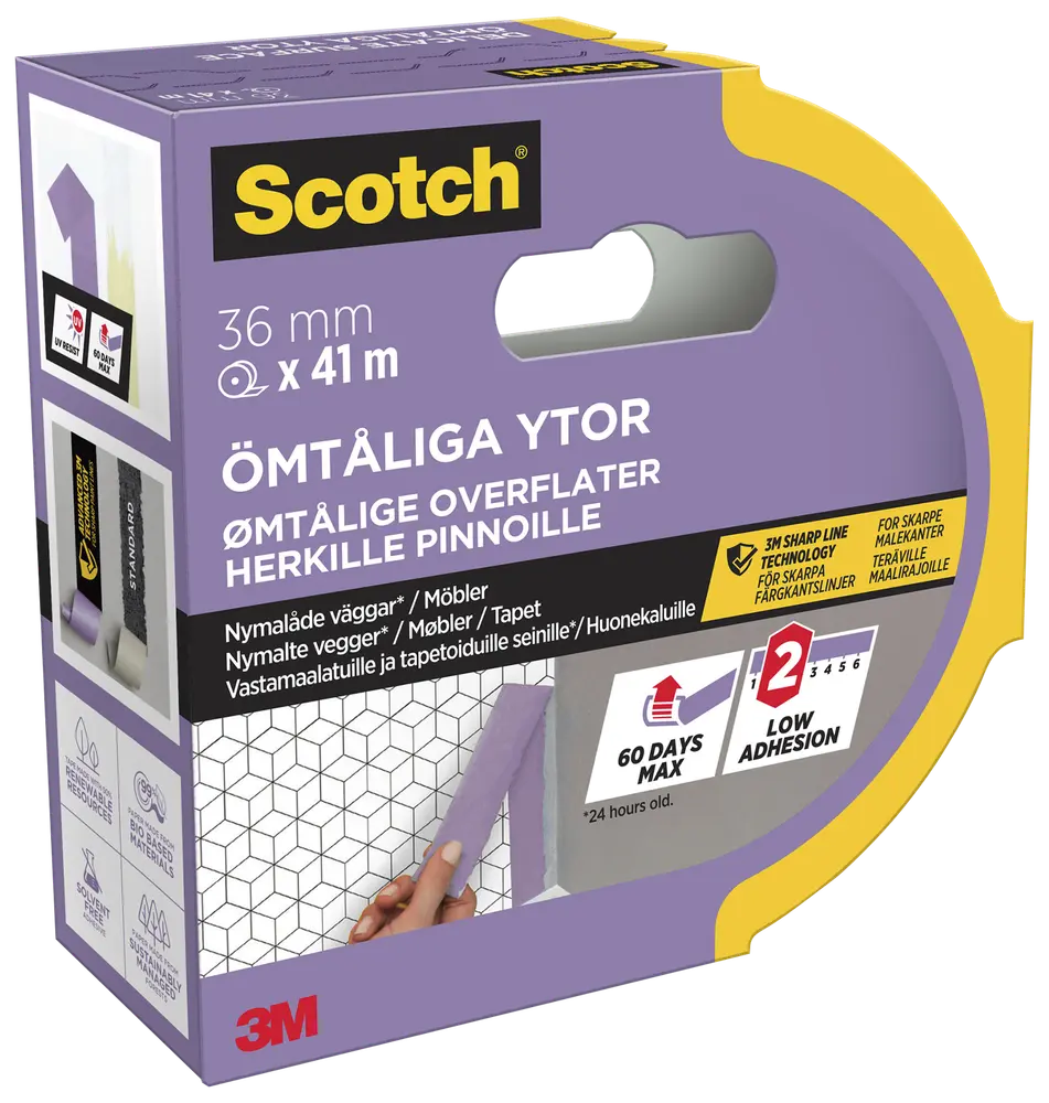 Scotch® Maskeringstejp för ömtåliga ytor 41 meter – 36 mm