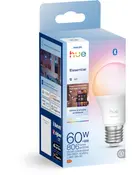 Philips Hue Essential E27 smart LED-pære, svarer til 60W, 806 lumen, justerbar hvid og farveambiance, Bluetooth og Zigbee kompatibel, app- og stemmestyring, energibesparende.