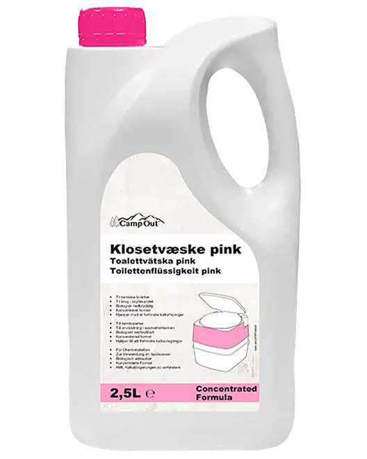 Hvid 2,5 L CampOut toiletvæske i pink med pink låg, håndtag og etiket med koncentreret formel.