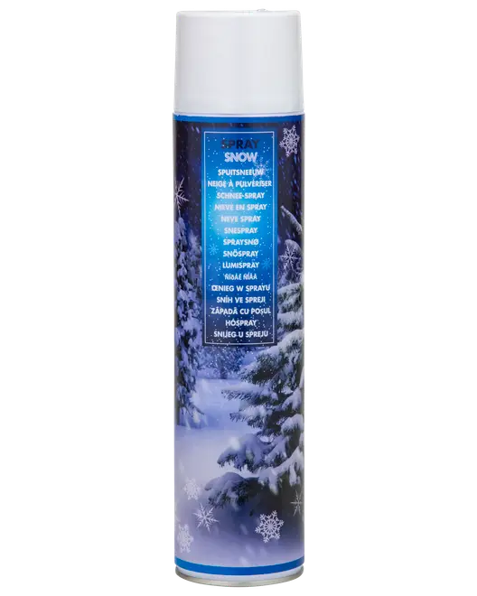 Hög sprayburk med konstsnö, vitt lock. Etiketten har snötäckta träd och snöflingor, perfekt för dekoration vid jul eller vintertema.