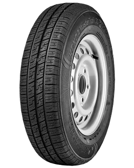 Svart radialdäck med detaljerat mönster, monterat på en silverfärgad stålfälg med runda hål. Passar släp eller lätta fordon. Sidovägg med märkning och specifikationer.