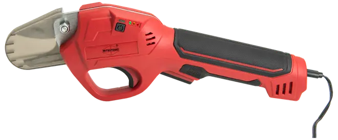 Elektrisk handhållen varmskärare med rött och svart ergonomiskt handtag, avtryckare, indikatorlampor och skydd för bladet. Lämplig för att skära syntetiska material.