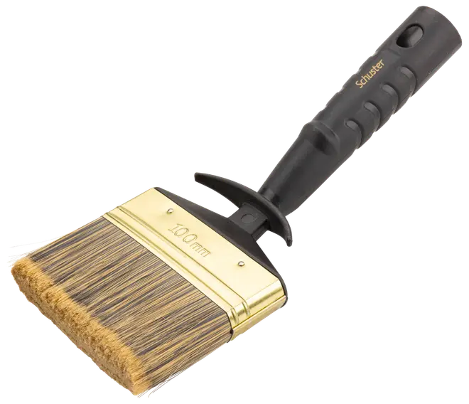 Bred pensel med naturborst, 100 mm bredd, svart ergonomiskt handtag med grepp och guldfärgat metallfäste. Perfekt för målning av stora ytor.