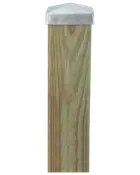 Firkantet træhegnspæl med naturlig finish og sølvfarvet metalhætte på toppen, designet til udendørs brug og holdbarhed i hegn eller haveprojekter.