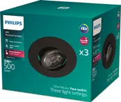 Philips LED indbygget spotlys, sort, 5W, 500 lumen, tre lysindstillinger med SceneSwitch, nem tilslutning, varmt hvidt lys, pakke med 3. Kassen viser produktbillede og funktioner.