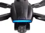 Sort foldbar drone med frontvendt kamera, blå LED-lyslinje og synlig tænd/sluk-knap. Har kantede arme og et slankt, moderne design til luftfotografering.