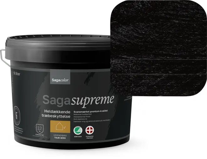 9 liters spand Sagacolor Supreme heldækkende træbeskyttelse, sort farve, til udendørs træværk. Premium kvalitet, miljømærket og lang holdbarhed. Viser malingens struktur.