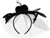Svart hårband med sammets-pumpa, svarta fjädrar och dekorativt nät. Perfekt för Halloween eller maskerader, ger en elegant och kuslig touch till din outfit.