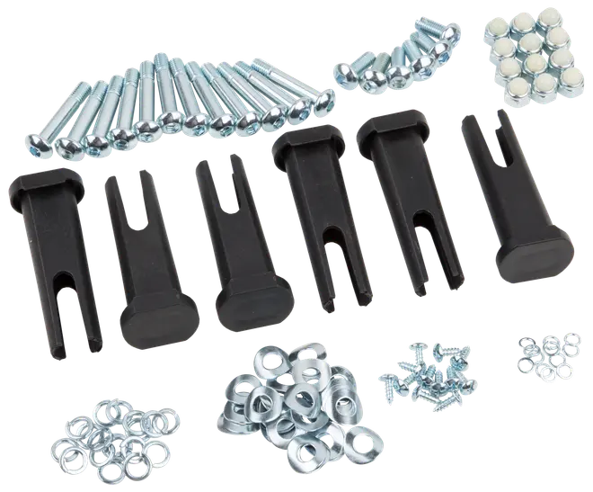 Sæt med fem sorte plastafstandsstykker, forskellige bolte, skiver, møtrikker og skruer i metal. Perfekt til montering eller samling, alle dele er tydeligt organiseret.