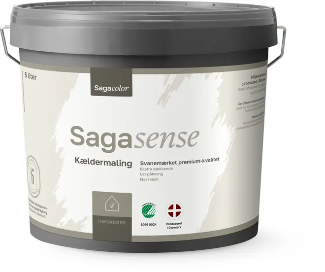 Sagacolor Sagasense kældermaling, 5 liters spand. Svanemærket premium-kvalitet, mat finish, let påføring, ekstra dækkende. Til indendørs brug, produceret i Danmark.