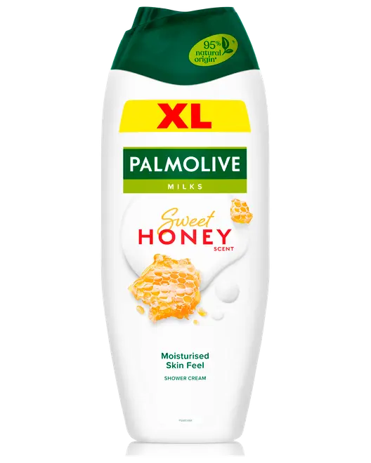 Palmolive XL duschkräm, Sweet Honey doft, 95% naturligt ursprung, återfuktande känsla. Vit flaska med grön kork, bild på honungskaka, för daglig rengöring.