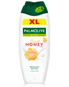 Palmolive XL duschkräm, Sweet Honey doft, 95% naturligt ursprung, återfuktande känsla. Vit flaska med grön kork, bild på honungskaka, för daglig rengöring.