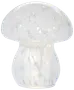 Bordlampe formet som en svamp, lavet af hvidt, halvgennemsigtigt glas med marmoreret mønster. Lampen udsender et blødt, diffust lys og har et moderne design.