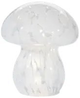 Bordlampe formet som en svamp, lavet af hvidt, halvgennemsigtigt glas med marmoreret mønster. Lampen udsender et blødt, diffust lys og har et moderne design.