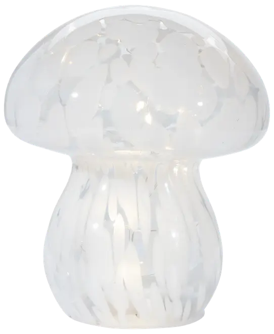 Bordlampe formet som en svamp, lavet af hvidt, halvgennemsigtigt glas med marmoreret mønster. Lampen udsender et blødt, diffust lys og har et moderne design.