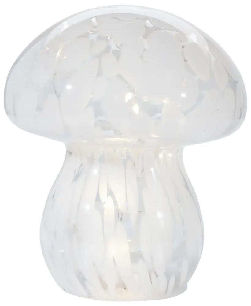 Bordlampe formet som en svamp, lavet af hvidt, halvgennemsigtigt glas med marmoreret mønster. Lampen udsender et blødt, diffust lys og har et moderne design.