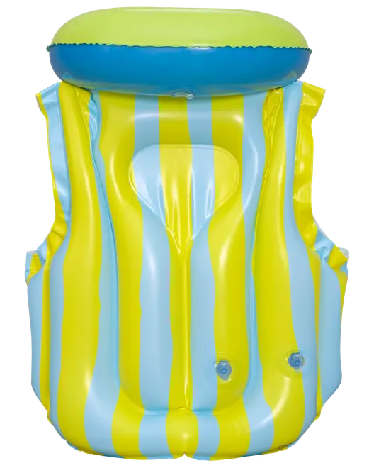 Oppustelig pool-float med blå og gule lodrette striber, indbygget hovedstøtte og to luftventiler. Fremstillet af slidstærkt vinyl til afslapning i vandet.