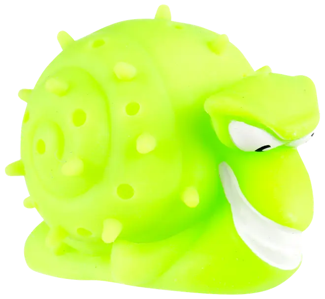 Ljusgrön gummisnigel hundleksak med texturerat skal, upphöjda knoppar och tecknad ansiktsdesign. Hållbart, klämvänligt material för lek och tugg. Passar små till medelstora hundar.