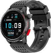 Sort digital smartwatch med rundt display, perforeret silikonerem, viser tid, dato, vejr, skridt og batteri. Har sideknapper og sporty, moderne design.