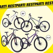 Assorterede mountainbikes i hvid, grå, sort-rød og lilla, vist i 26- og 27,5-tommers størrelser med affjedring foran og skivebremser.