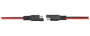 Sæt sorte plastikkabler med hurtigforbindelse og rød/sort ledning, designet til nem elektrisk tilslutning. Velegnet til bil, solcelle eller batteri. Han- og hunstik vist adskilt.