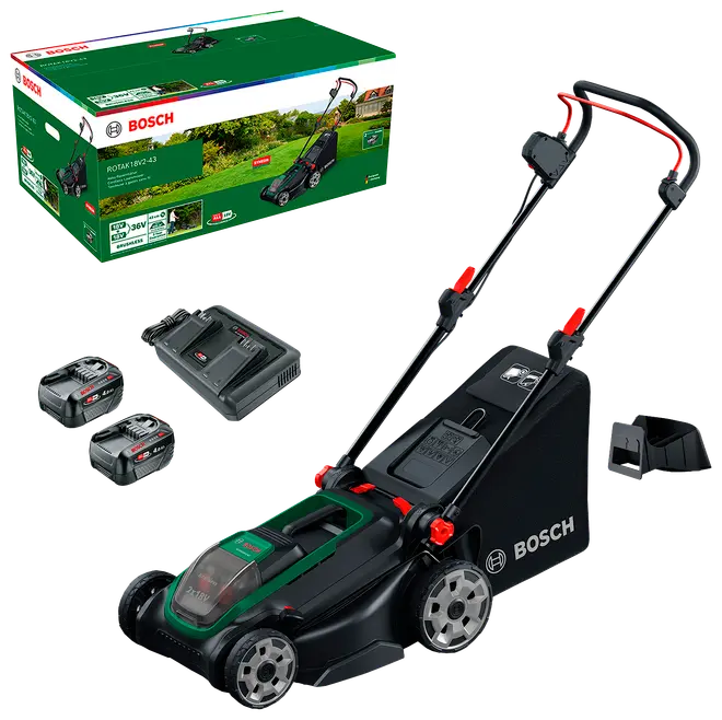 Bosch batteridrevet plæneklipper med to batterier, oplader, græsopsamler og ergonomisk håndtag. Velegnet til mellemstore plæner, justerbar klippehøjde og let opbevaring.