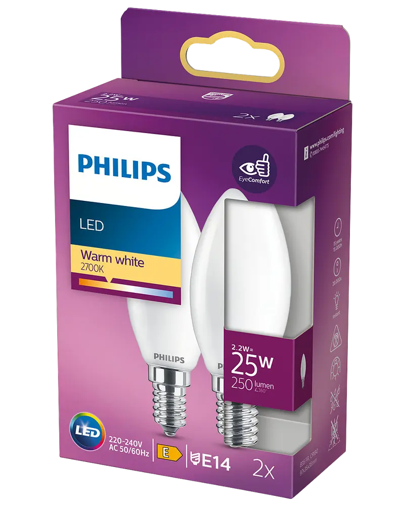 PHILIPS LED-pære 2,2W E14 B35 2-pak