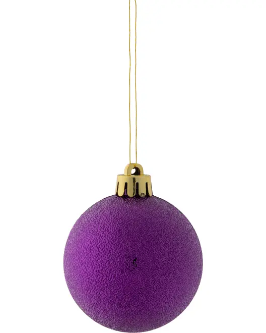 Lilla tekstureret juletræskugle med guldfarvet top og ophængssnor. Perfekt til juletræspynt, festlige dekorationer eller kreative projekter. Klassisk rund form, elegant finish.