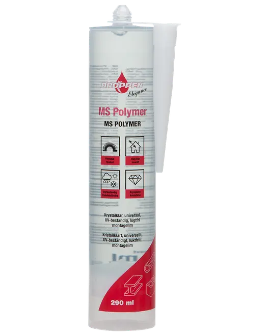 Transparent 290 ml MS Polymer lim i tube, universel anvendelse, UV-bestandig, lufttæt, fleksibel og stærk montering. Nem at påføre med fugepistol.