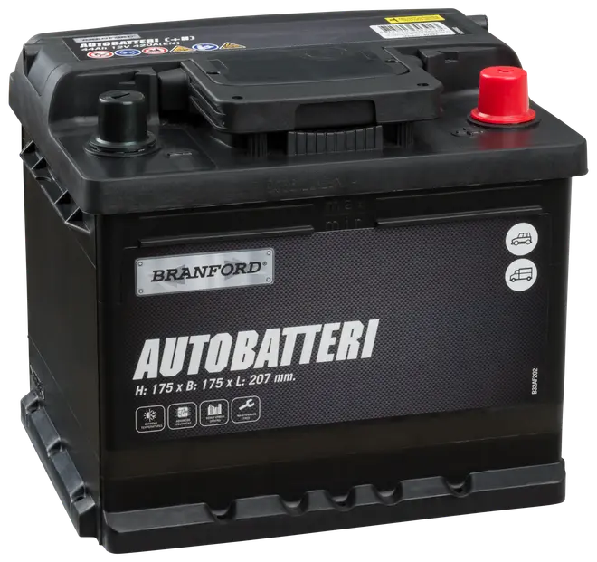 Sort Branford autobatteri med tydeligt markerede poler, egnet til biler og varevogne. Mål: 175 x 175 x 207 mm. Robust plastkabinet og tydelig produktmærkning.