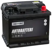 Sort Branford autobatteri med tydeligt markerede poler, egnet til biler og varevogne. Mål: 175 x 175 x 207 mm. Robust plastkabinet og tydelig produktmærkning.