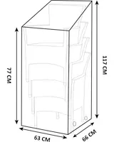 Transparent skyddshölje för staplade stolar, 117 cm högt, 77 cm brett, 66 cm djupt. Passar utomhusmöbler. Med ventilationshål längst ner.