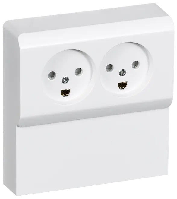 Hvid dobbelt stikkontakt til vægmontering med to runde udtag, egnet til europæiske stik. Rektangulær overflademodel, ideel til hjemmet eller kontoret.